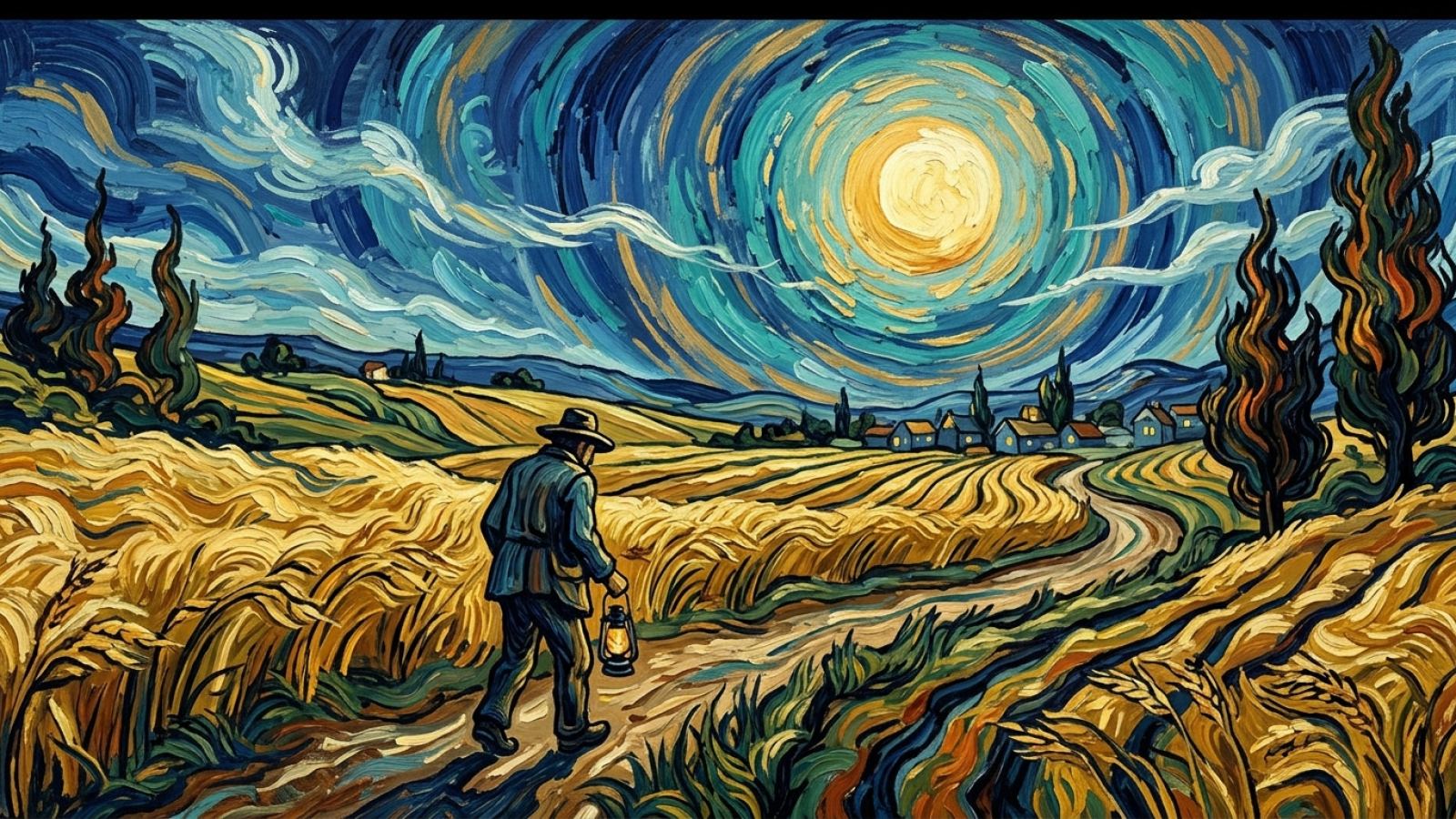 A dimly lit room filled with easels, paint tubes, and brushes, where artists work intently on large canvases, some of which show early stages of a vibrant, Impressionistic landscape.